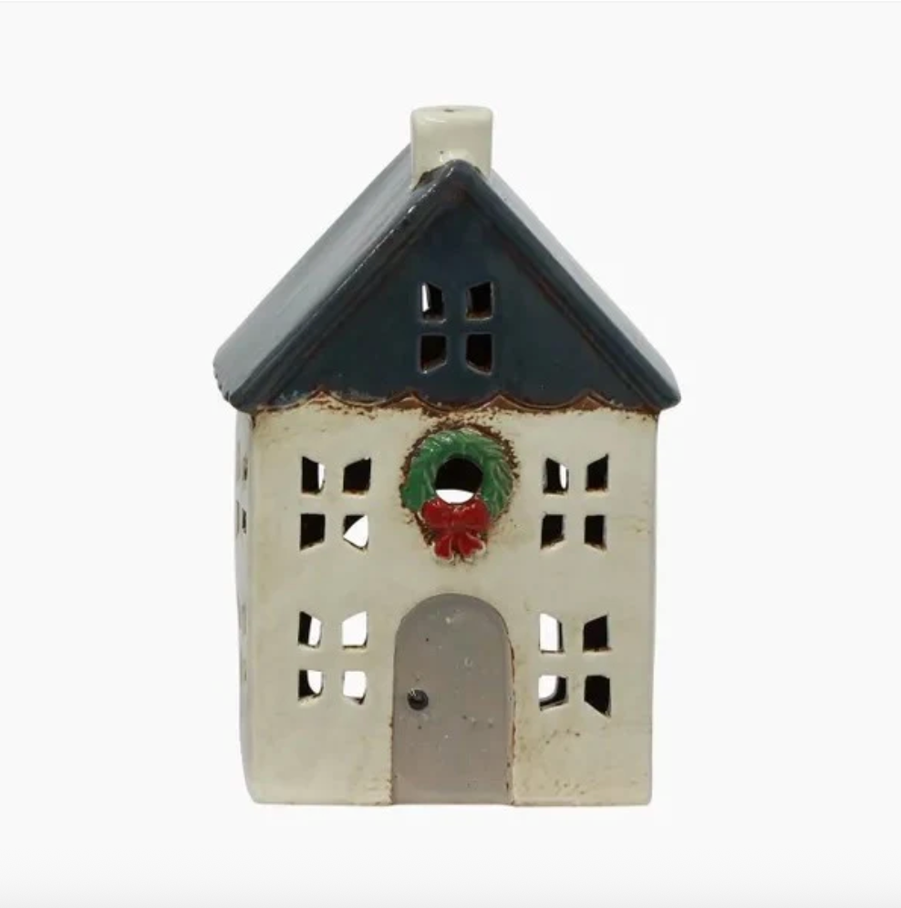 Christmas Tealight House Blue with Wreath