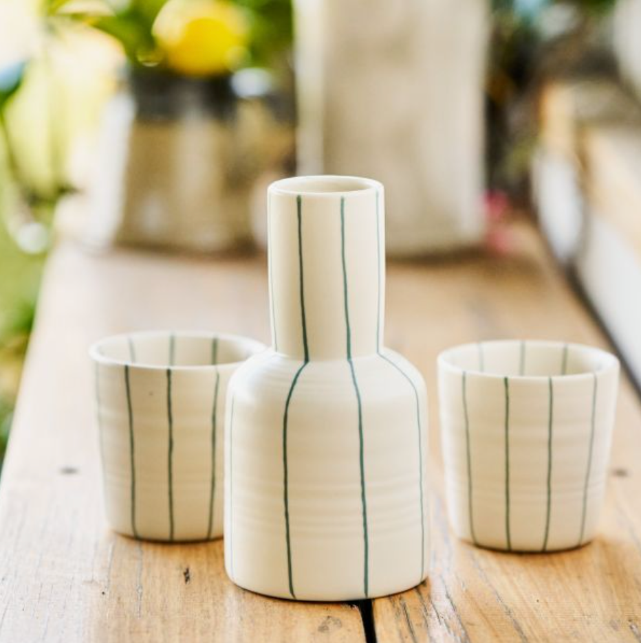 Coastal Junction Carafe & 2-Cup Set | Cream/Green Stripe