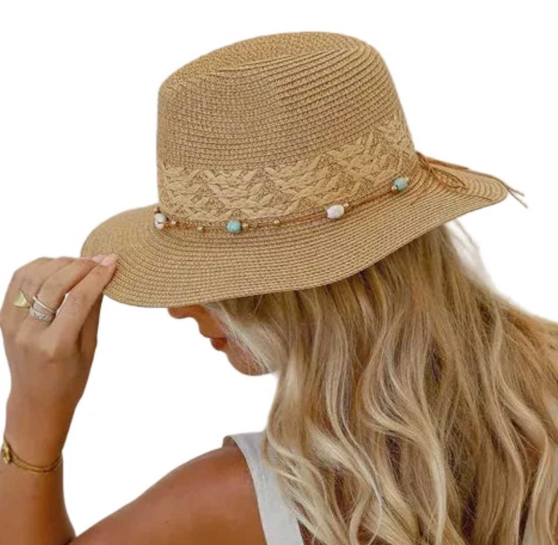 Panama Hat | Tan/Turquoise Beads