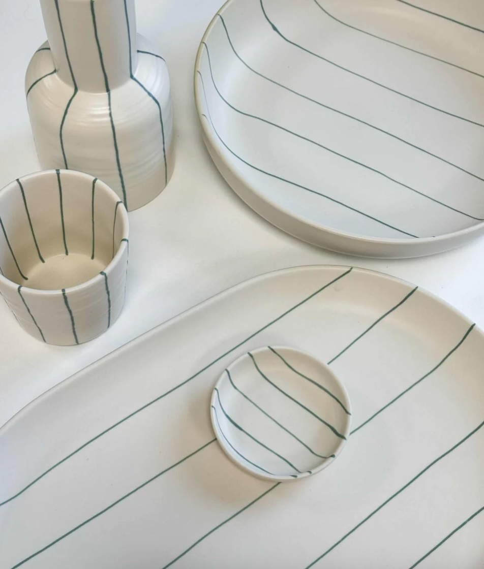 Coastal Junction Condiment Bowl | Cream/Green Stripe