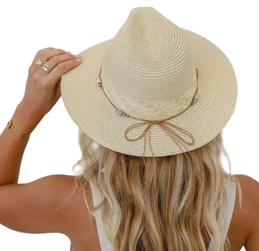 Panama Hat | Natural/Turquoise Beads